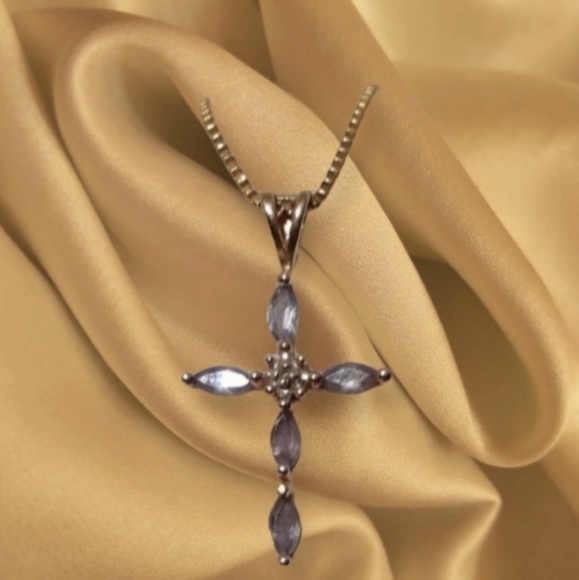 Solid 14k Gold Tanzanite Diamond Cross Pendant - Picture 7 of 14